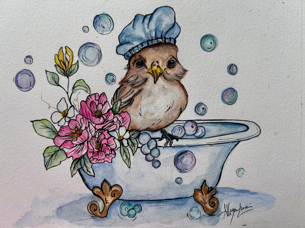 Bath Time Tweets Original Watercolor Painting 8” x 10”