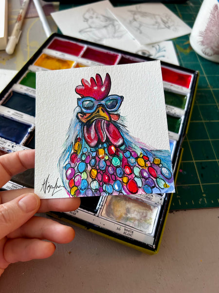 Hippie Chick Original Watercolor Painting 5”x 5” Framed