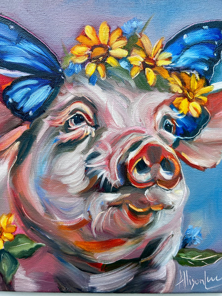 Wings Born of Change Beautiful Pig with Butterfly Wings Original Oil Painting 10” x 10”