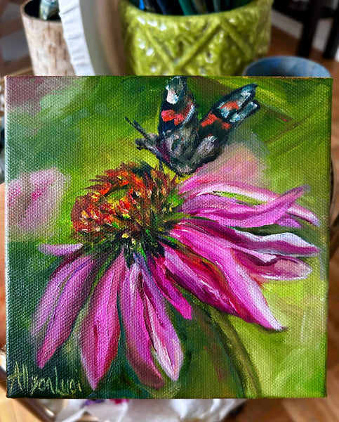 Resilience Coneflower and Butterfly Art Original Oil Painting 6” x 6”