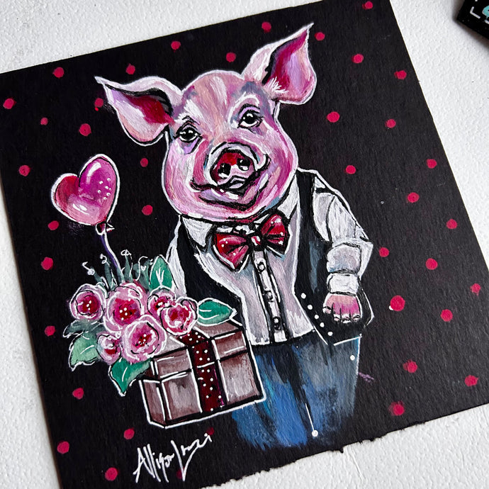 Pancake Pig in Love 6x6 Original Art