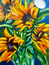 Load image into Gallery viewer, Creating the Brightest Days Sunflower Art Original Oil Painting 11” x 15” Wood Palette

