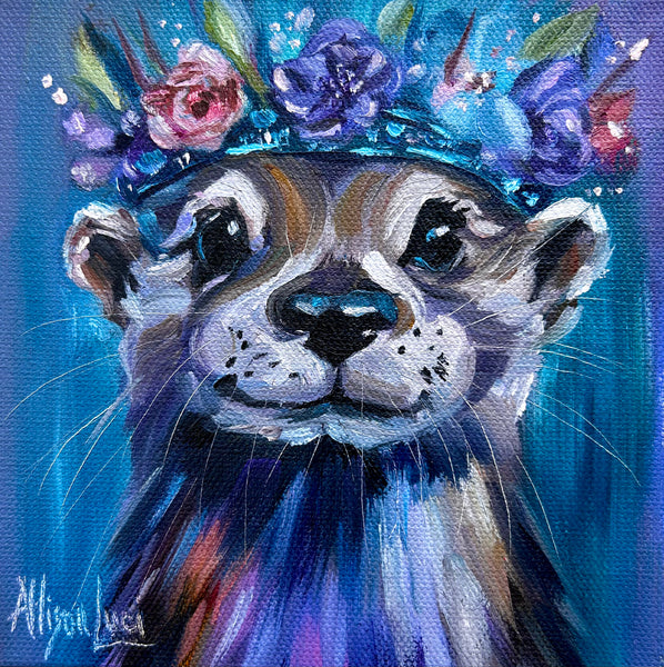 To Plant a Garden is to be Believe in Tomorrow Otter Art Original Oil Painting 6” x 6”