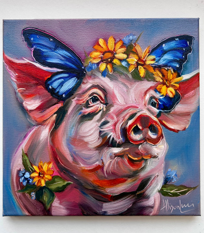 Wings Born of Change Beautiful Pig with Butterfly Wings Original Oil Painting 10” x 10”