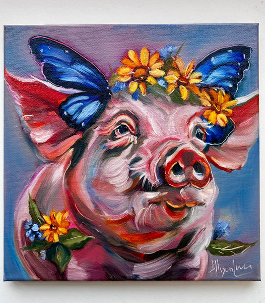 Wings Born of Change Beautiful Pig with Butterfly Wings Original Oil Painting 10” x 10”