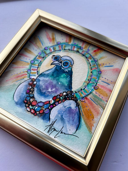Easy Breezy Bird Original Watercolor Painting 5”x 5” FRamed