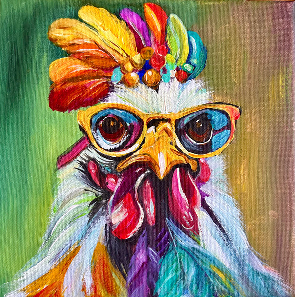 Hippie Chick 8” x 8” Original Chicken Painting - Jewel Collection - 8” x 8”