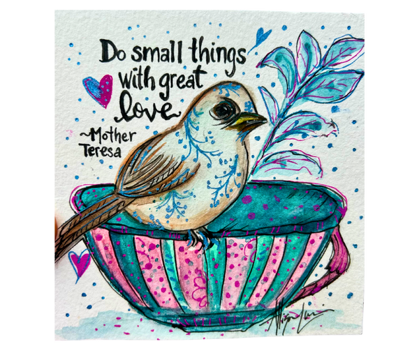 Great Love, Small Wings Original Watercolor Painting 5”x 5” Framed