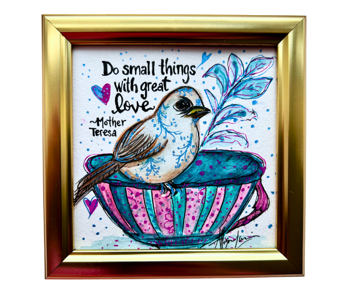 Great Love, Small Wings Original Watercolor Painting 5”x 5” Framed