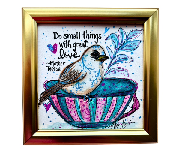 Great Love, Small Wings Original Watercolor Painting 5”x 5” Framed