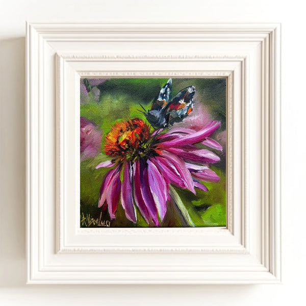 Resilience Coneflower and Butterfly Art Original Oil Painting 6” x 6”