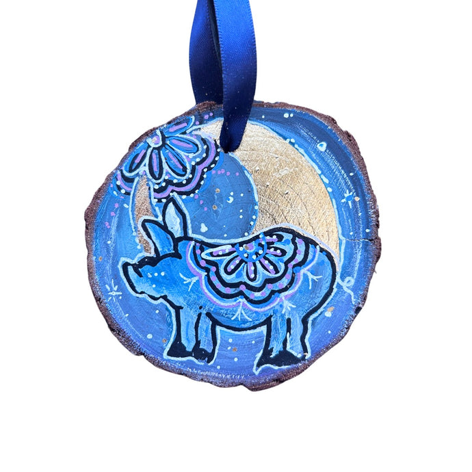 Pig Wish Upon a Moon Tree Slice Ornament