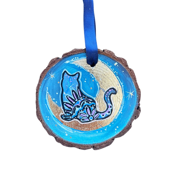 Cat Wish Upon a Moon Tree Slice Ornament