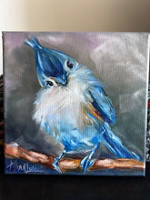 Load image into Gallery viewer, Blue-ish Fluffy Titmouse Original Oil Painting “Keep a Light in my Soul” 8”x8” FREE shipping
