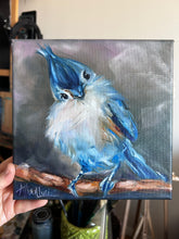 Load image into Gallery viewer, Blue-ish Fluffy Titmouse Original Oil Painting “Keep a Light in my Soul” 8”x8” FREE shipping
