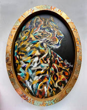 Load image into Gallery viewer, Remember Your Wild Leopard Art Original Oil Painting on Framed Oval with Italian Gold/Copper Leaf 11" x 14"
