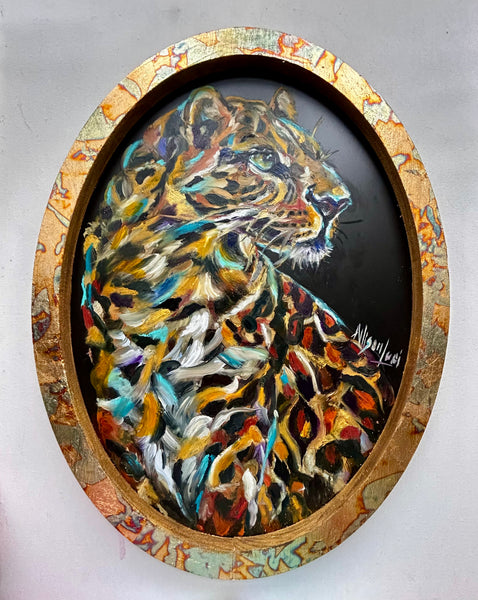 Remember Your Wild Leopard Art Original Oil Painting on Framed Oval with Italian Gold/Copper Leaf 11" x 14"
