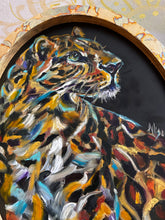 Load image into Gallery viewer, Remember Your Wild Leopard Art Original Oil Painting on Framed Oval with Italian Gold/Copper Leaf 11" x 14"
