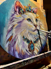 Load image into Gallery viewer, Princess Periwinkle Beautiful White Cat with a Crown of Jewels Original Oil Painting 12” round
