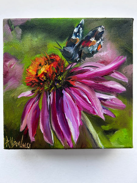 Resilience Coneflower and Butterfly Art Original Oil Painting 6” x 6”