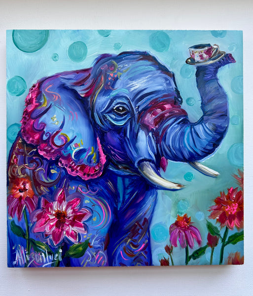 Just My Cup of Tea Elephant Art Original Oil Painting 8" x 8"