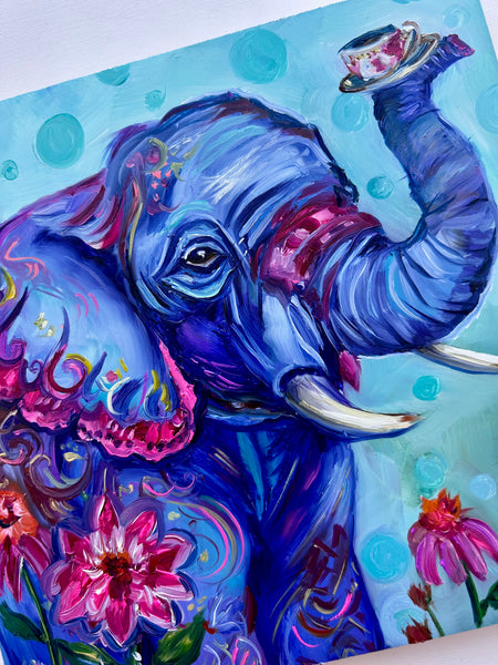 Just My Cup of Tea Elephant Art Original Oil Painting 8