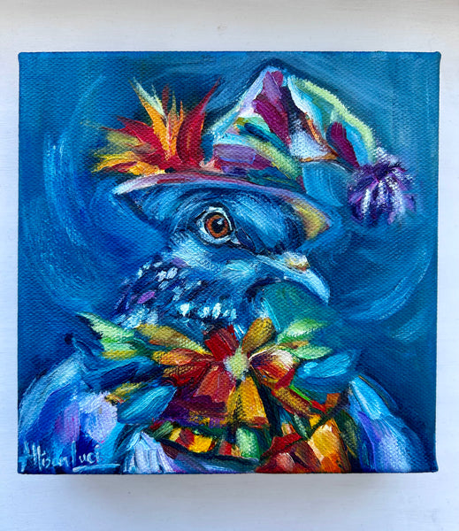 Just Clownin' Around Pigeon Art Original Oil Painting 6” x 6” Ships Free