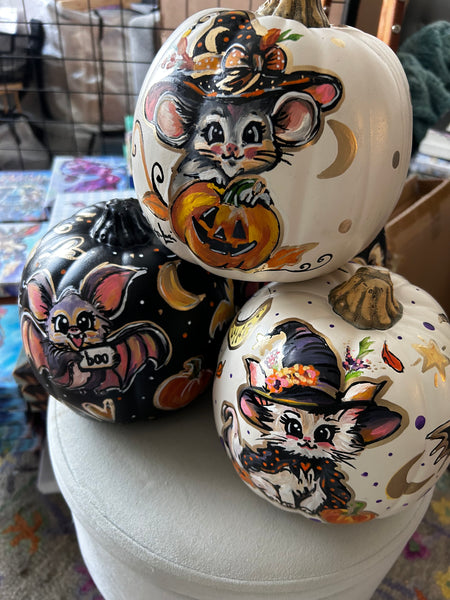 Hand Painted Pumpkins - 3 designs to choose from - Bat, Mouse, Kitty