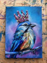 Load image into Gallery viewer, Crowned in Courage Bejeweled Blue Jay Bird Art Original Oil Painting 5” x 7"
