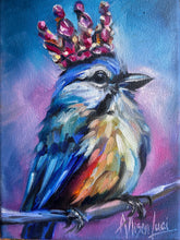 Load image into Gallery viewer, Crowned in Courage Bejeweled Blue Jay Bird Art Original Oil Painting 5” x 7"
