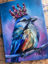 Load image into Gallery viewer, Crowned in Courage Bejeweled Blue Jay Bird Art Original Oil Painting 5” x 7"
