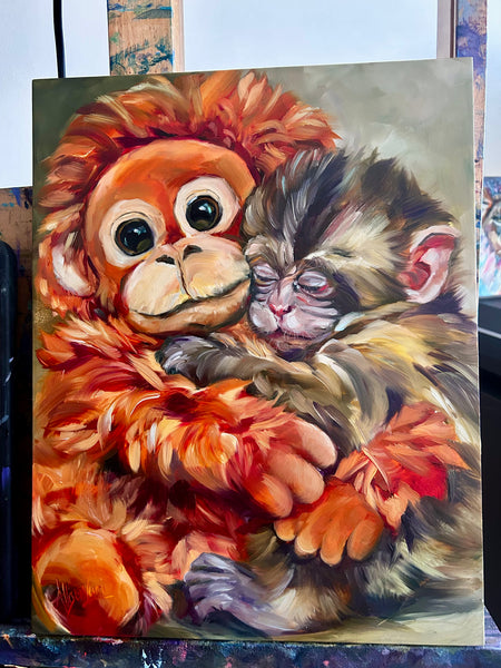 Punch the Monkey Art Original Oil Painting 11" x 14"