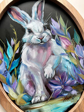 Load image into Gallery viewer, "Midnight Bloom" Bunny Rabbit Art Original Oil Painting on Framed Oval 11" x 14"
