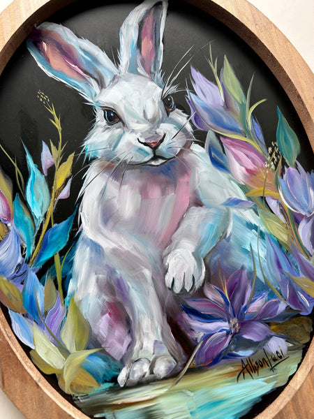 "Midnight Bloom" Bunny Rabbit Art Original Oil Painting on Framed Oval 11" x 14"