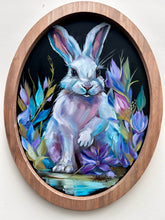 Load image into Gallery viewer, "Midnight Bloom" Bunny Rabbit Art Original Oil Painting on Framed Oval 11" x 14"

