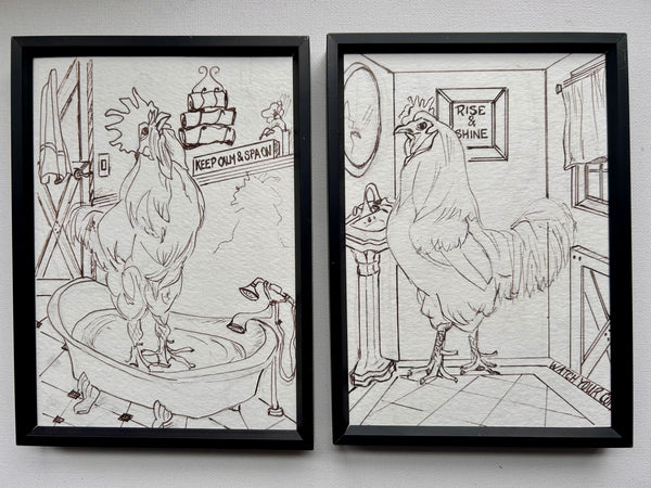 Roosters in the Bathroom! Set of 2 framed drawings 5