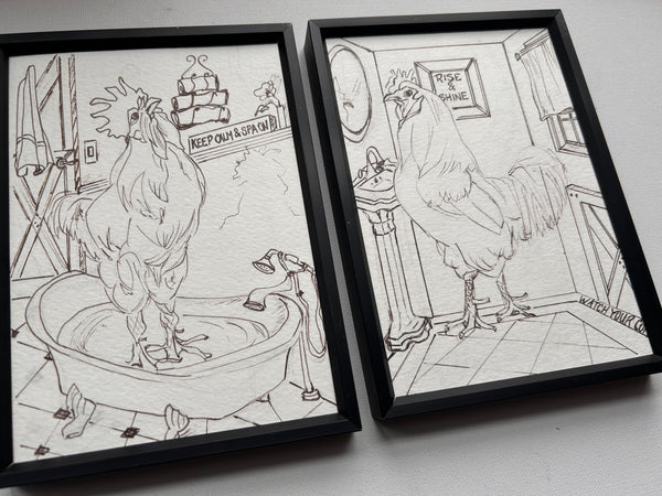 Roosters in the Bathroom! Set of 2 framed drawings 5" x 7"