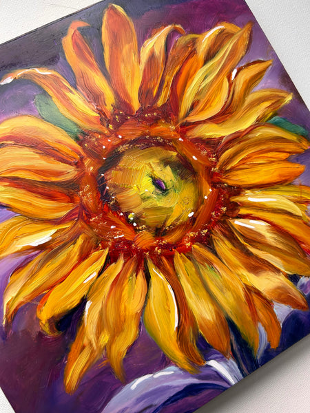 Be Bold Purple Sunflower Square Original Oil Painting 8" x 8"