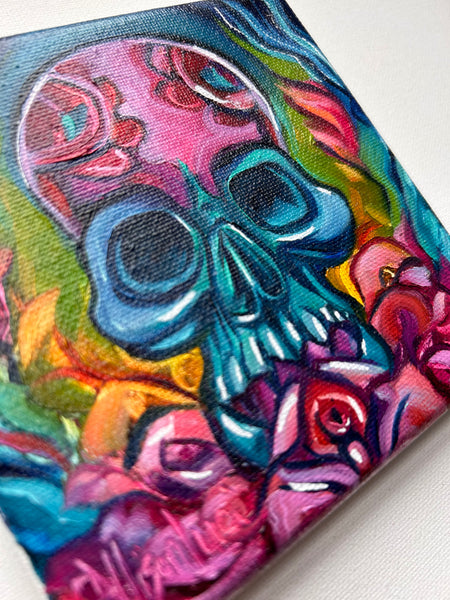 Colorful skull 5" x 5" Original Oil Painting "Blooming Through it All"