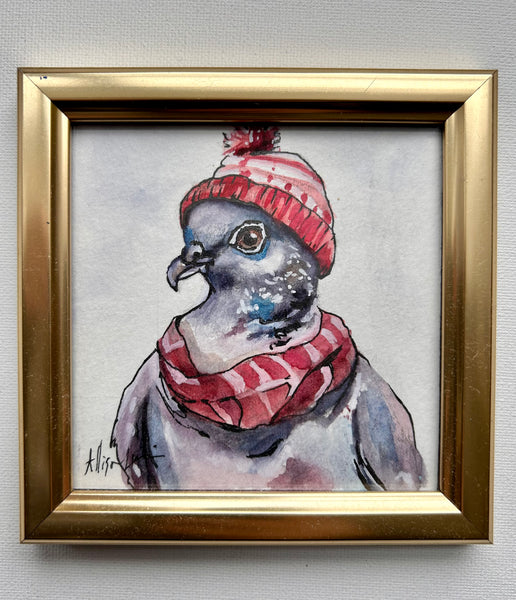 Winter Pigeon 4x4 Painted Framed Ornament