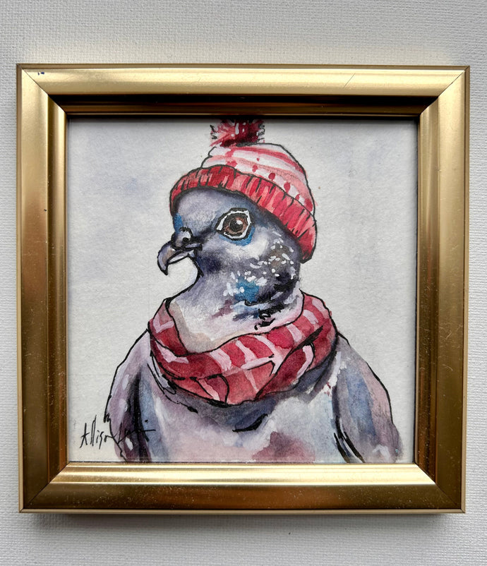 Print Winter Pigeon 4x4 Painted Framed Ornament STOCK PRINT SALE