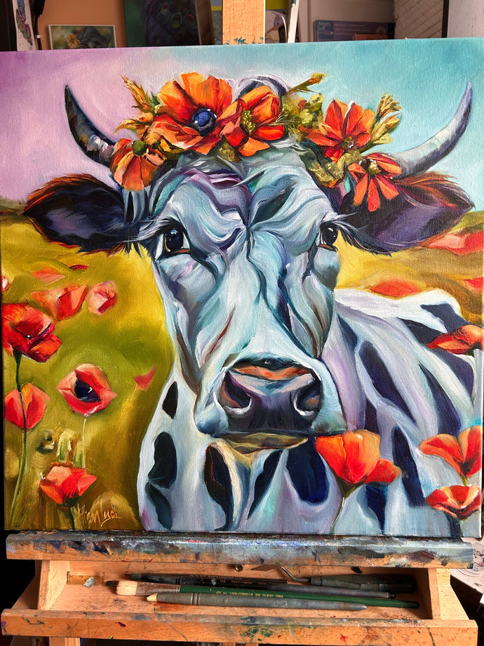 “Hope is Beauty Yet to Bloom” Cow with Poppies Original Oil Painting 20” x 20