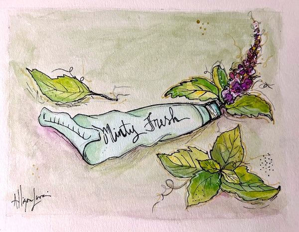 Lilacs and Minty Fresh Bathroom Art Original Mixed Media Painting 8” x 10”
