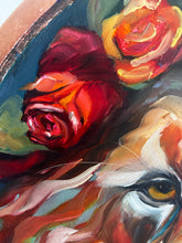 Load image into Gallery viewer, LION Strength That Blooms Art Original Oil Painting 15" round with Copper Leaf
