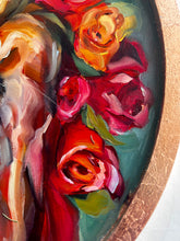 Load image into Gallery viewer, LION Strength That Blooms Art Original Oil Painting 15" round with Copper Leaf
