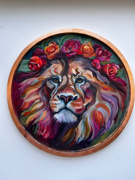 LION Strength That Blooms Art Original Oil Painting 15" round with Copper Leaf