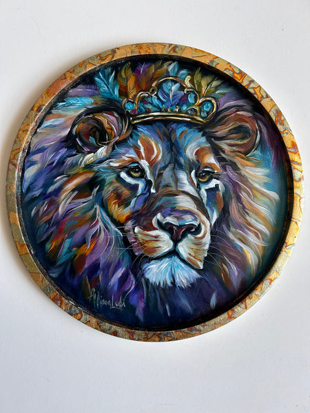 LION Noble yet Humble Art Original Oil Painting 14" round with Gold Leaf