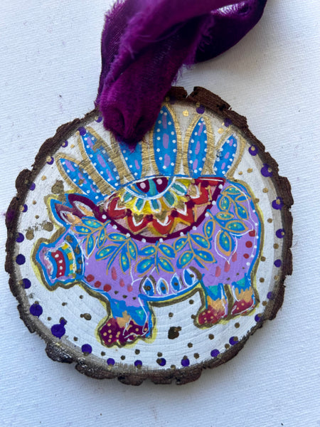 Goddess Within - Whimsical Pig Art Wood Ornament with Velvet Ribbon