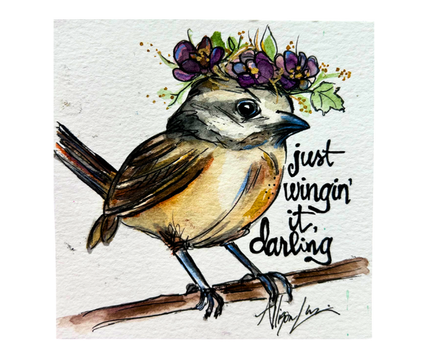 Just Wingin’ it Darling Original Watercolor Painting 5”x 5” Framed