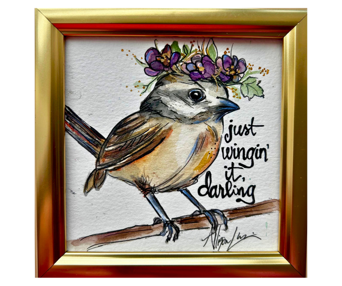 Just Wingin’ it Darling Original Watercolor Painting 5”x 5” Framed